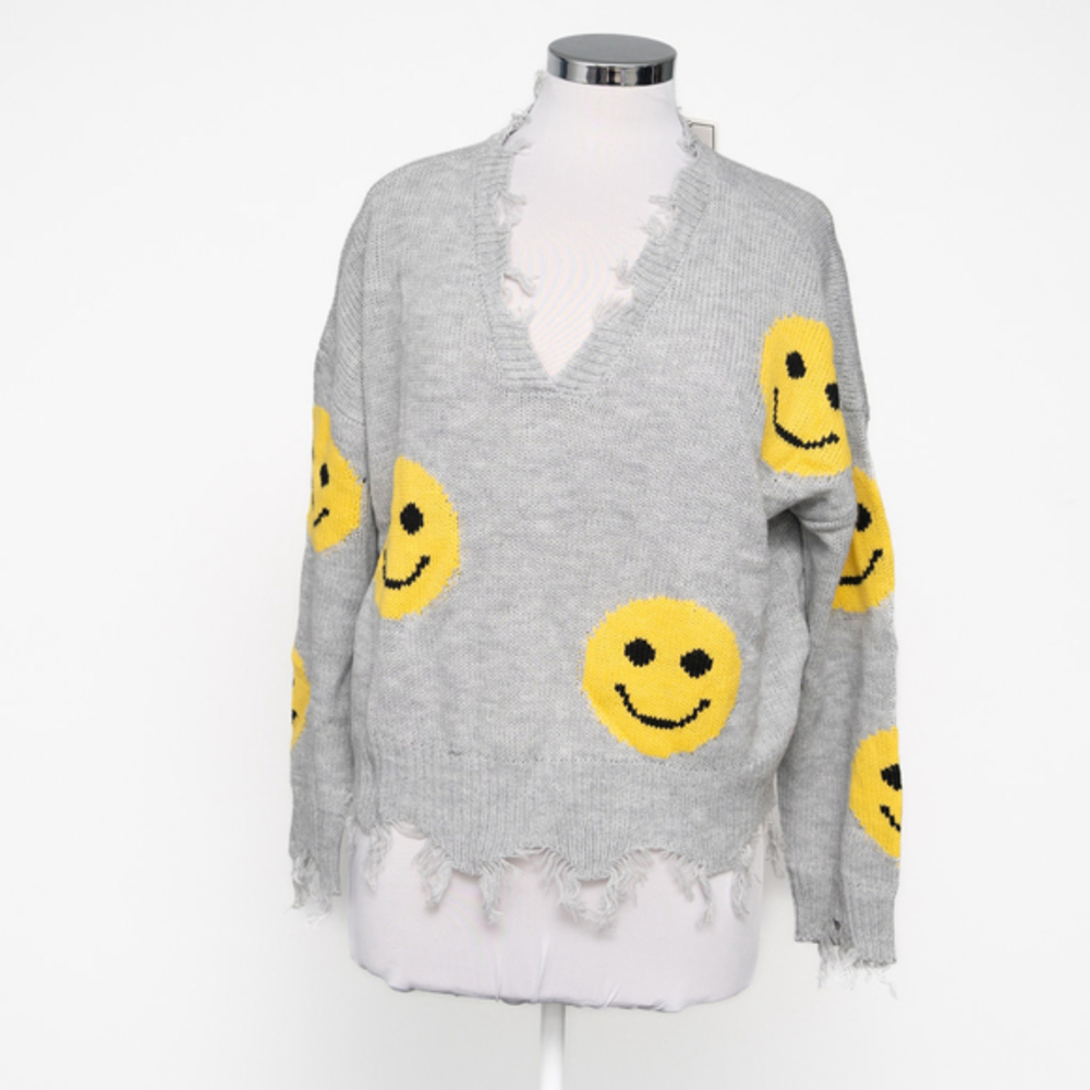 No Comment NY-LA Smiley Face Distressed‎ Gray Knit Sweater